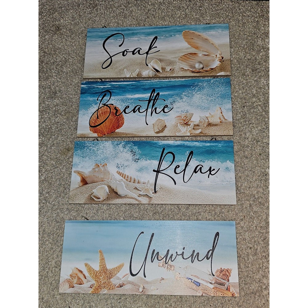 4pc Coastal Beach Wall Art Set Soak Breathe Relax Unwind Bathroom Decor Blue